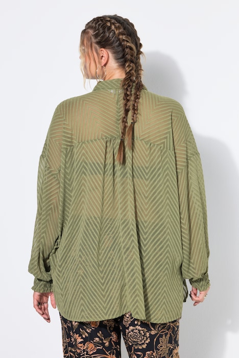 blouse, oversized, chiffon met dessin, overhemdkraag, lange mouwen