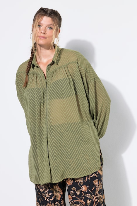 blouse, oversized, chiffon met dessin, overhemdkraag, lange mouwen