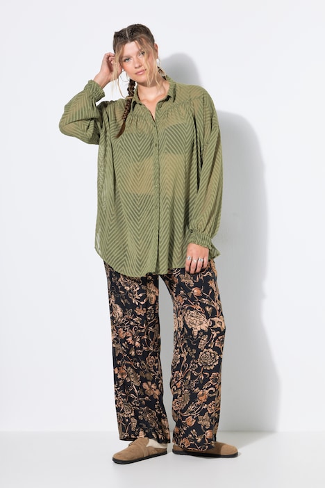 blouse, oversized, chiffon met dessin, overhemdkraag, lange mouwen