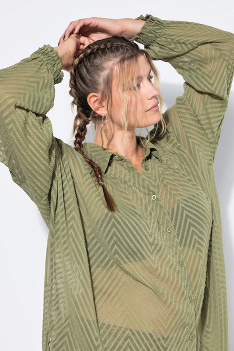 blouse, oversized, chiffon met dessin, overhemdkraag, lange mouwen