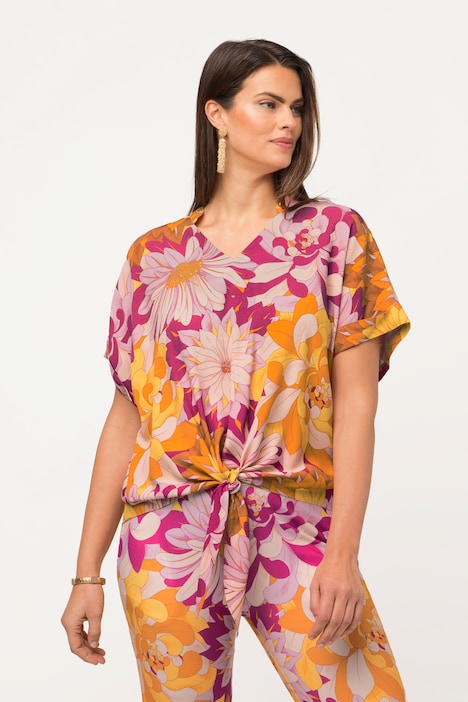 Colorful Floral Print Tie Waist Blouse