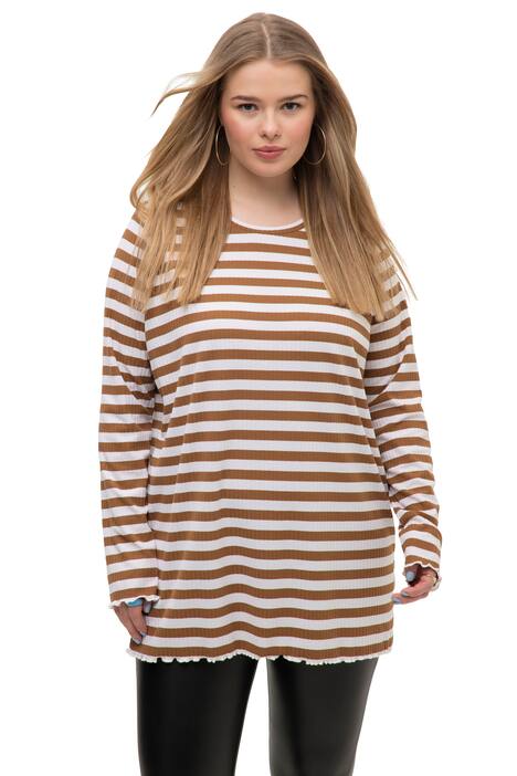 Tričko s dlouhými rukávy, žebrovaný žerzej, proužky, kulatý výstřih, krátké rukávy