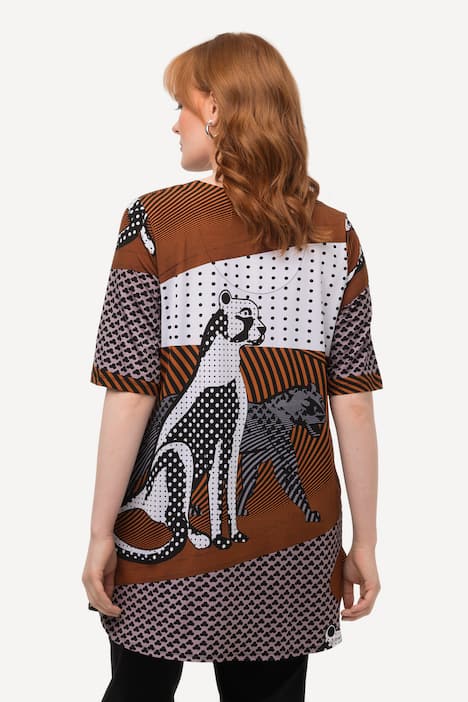 Mixed Pattern Leopard Graphic Stretch Blend Short Sleeve Tunic Blouse