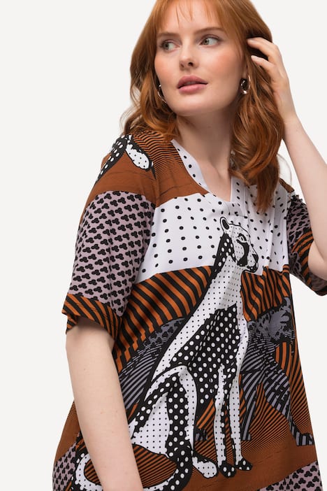 Mixed Pattern Leopard Graphic Stretch Blend Short Sleeve Tunic Blouse