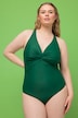 Kostium kąpielowy, miękkie miseczki, ozdobny węzeł, dekolt w serek