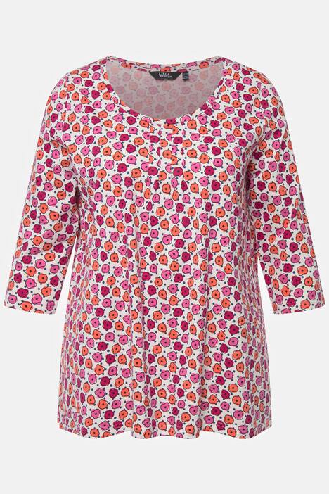 Koszulka, kwiaty, krój trapezowy, ozdobne plisy, dekolt w serek, rękaw 3/4