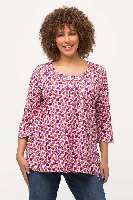 Koszulka, kwiaty, krój trapezowy, ozdobne plisy, dekolt w serek, rękaw 3/4