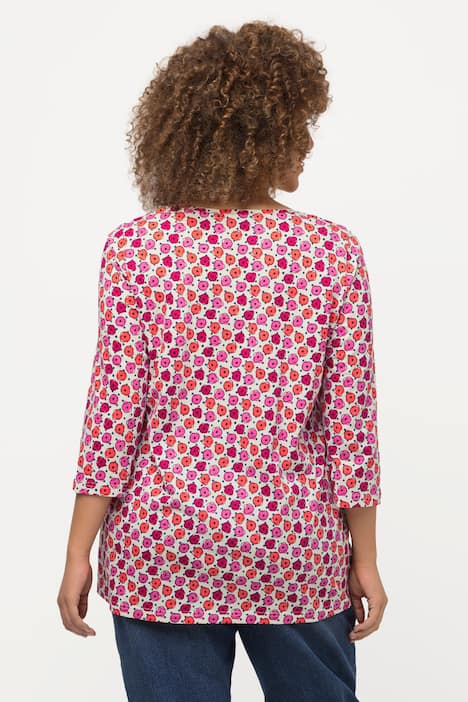 Koszulka, kwiaty, krój trapezowy, ozdobne plisy, dekolt w serek, rękaw 3/4