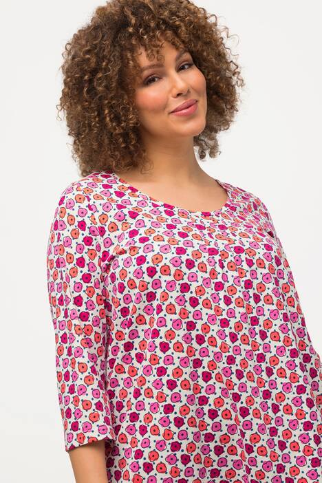 Koszulka, kwiaty, krój trapezowy, ozdobne plisy, dekolt w serek, rękaw 3/4