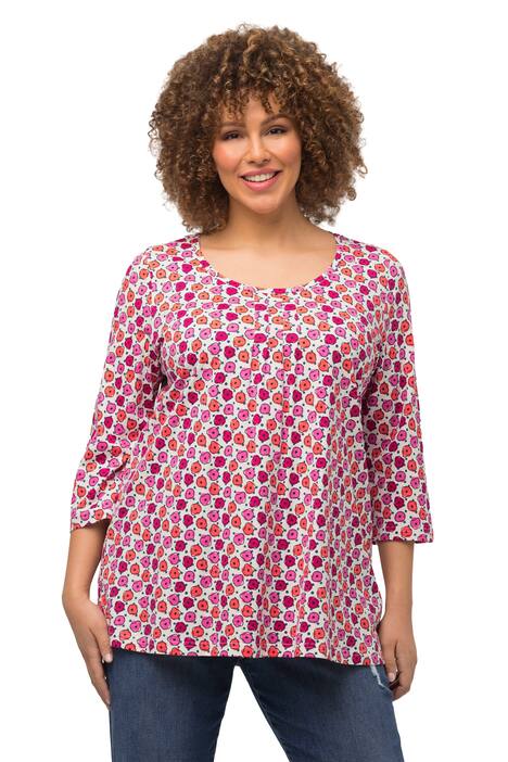 Tričko, květy, A střih, ozdobné sklady, výstřih do V, 3/4 rukávy