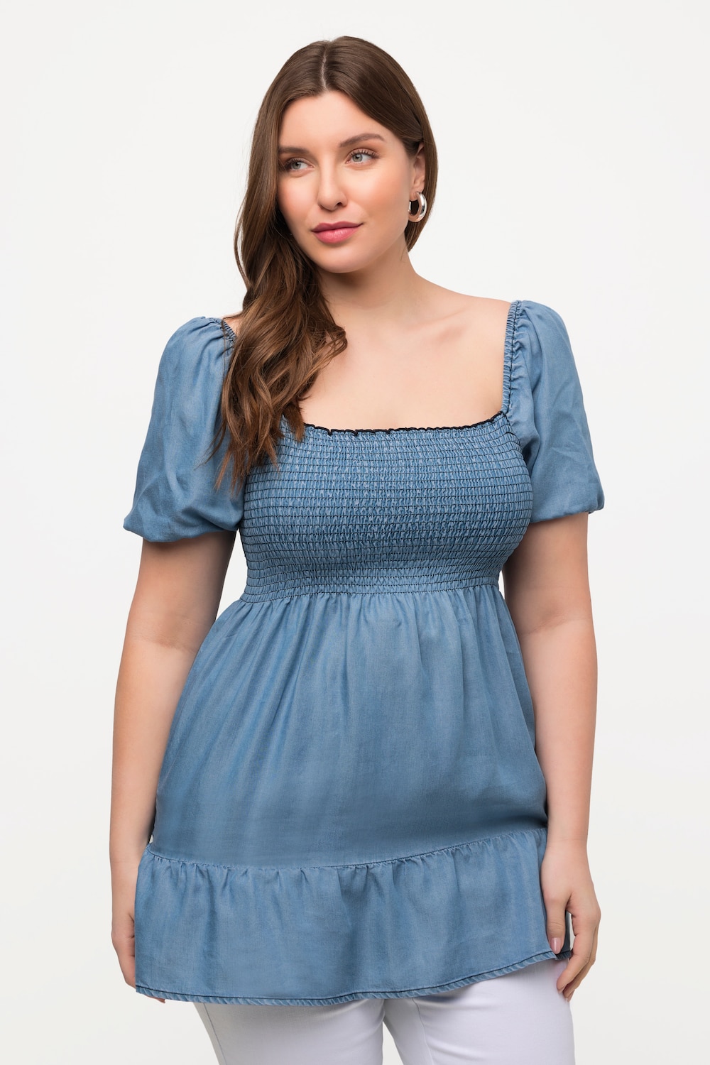 Große Größen Smok-Longbluse, Damen, blau, Größe: 42/44, Synthetische Fasern, Ulla Popken