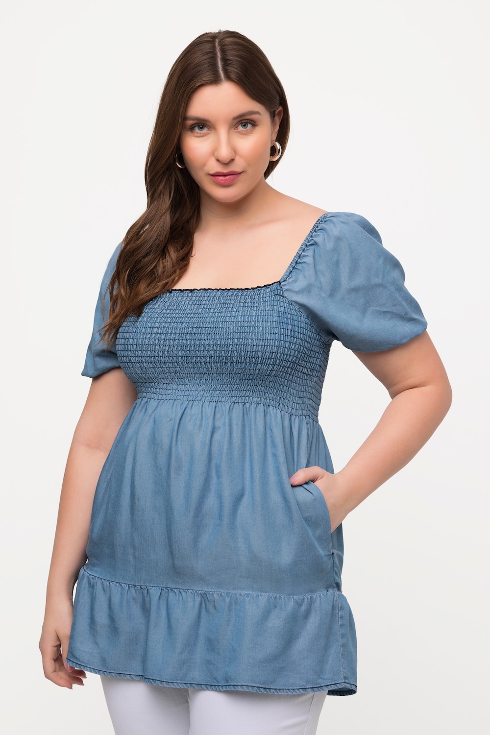 Große Größen Smok-Longbluse, Damen, blau, Größe: 42/44, Synthetische Fasern, Ulla Popken