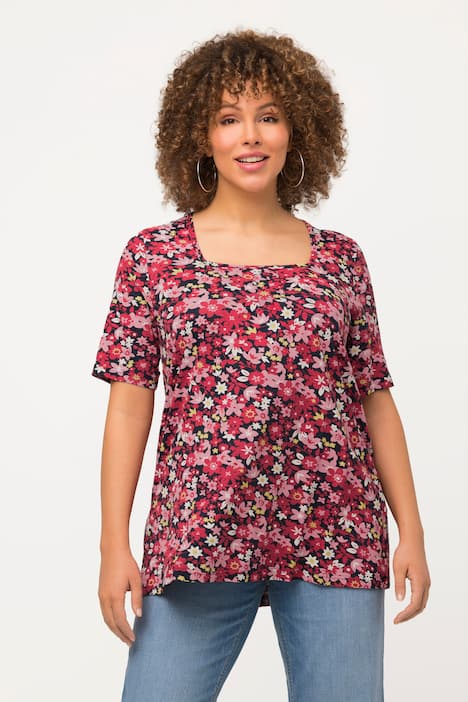 T-shirt, blomster, A-linje, firkantet udskæring, halværmer