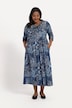 Sukienka dżersejowa, trapezowy krój, patchworkowy nadruk, szew empire, okrągły dekolt, rękaw 3/4