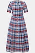 Robe à carreaux en lin mélangé. Col rond, manches courtes et patte de boutonnage.