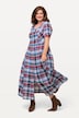 Robe à carreaux en lin mélangé. Col rond, manches courtes et patte de boutonnage.