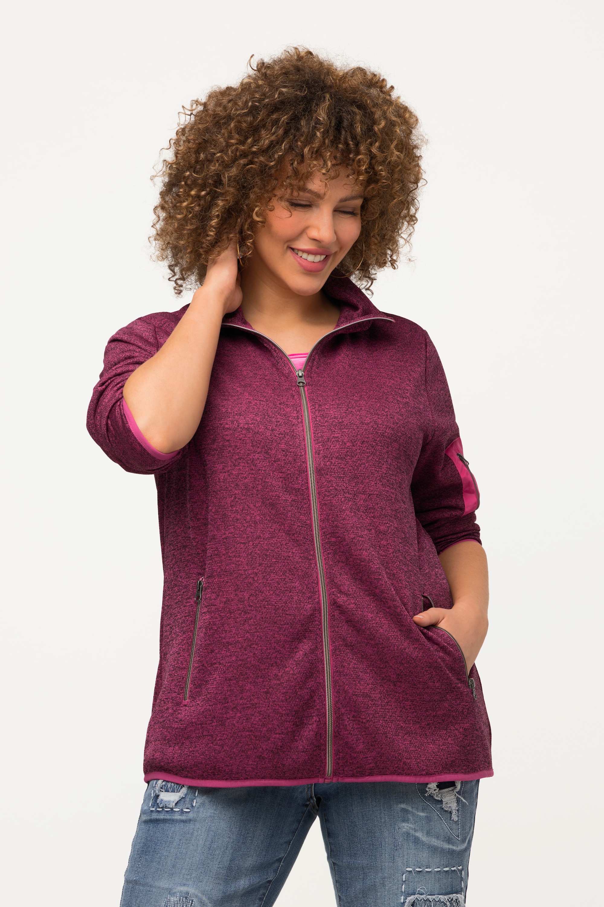 Ulla Popken Damen große Größen Strickfleece Jacke Stehkragen Zipptaschen 818259
