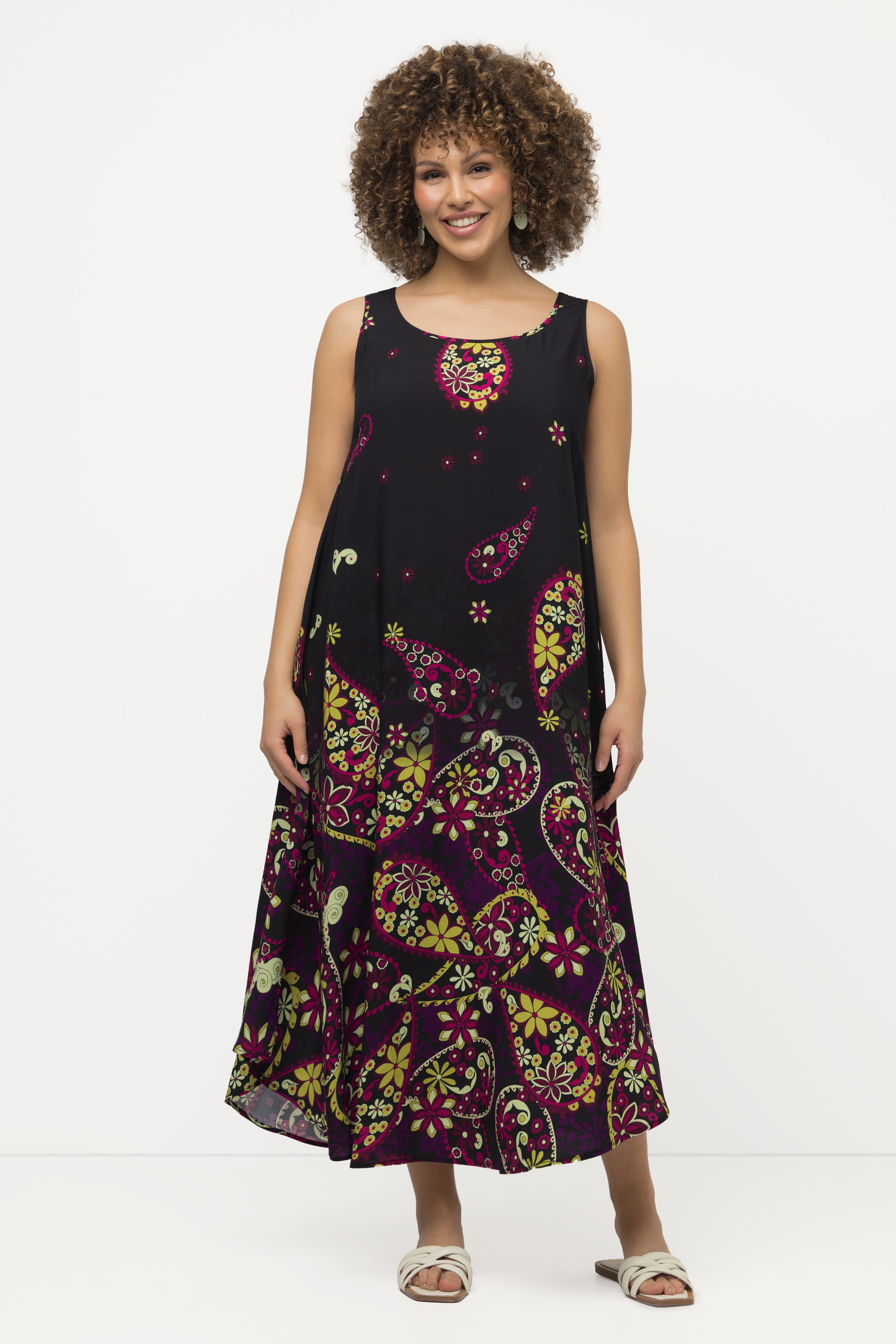 Sukienka midi, wzór paisley, krój trapezowy, okrągły dekolt, bez rękawów