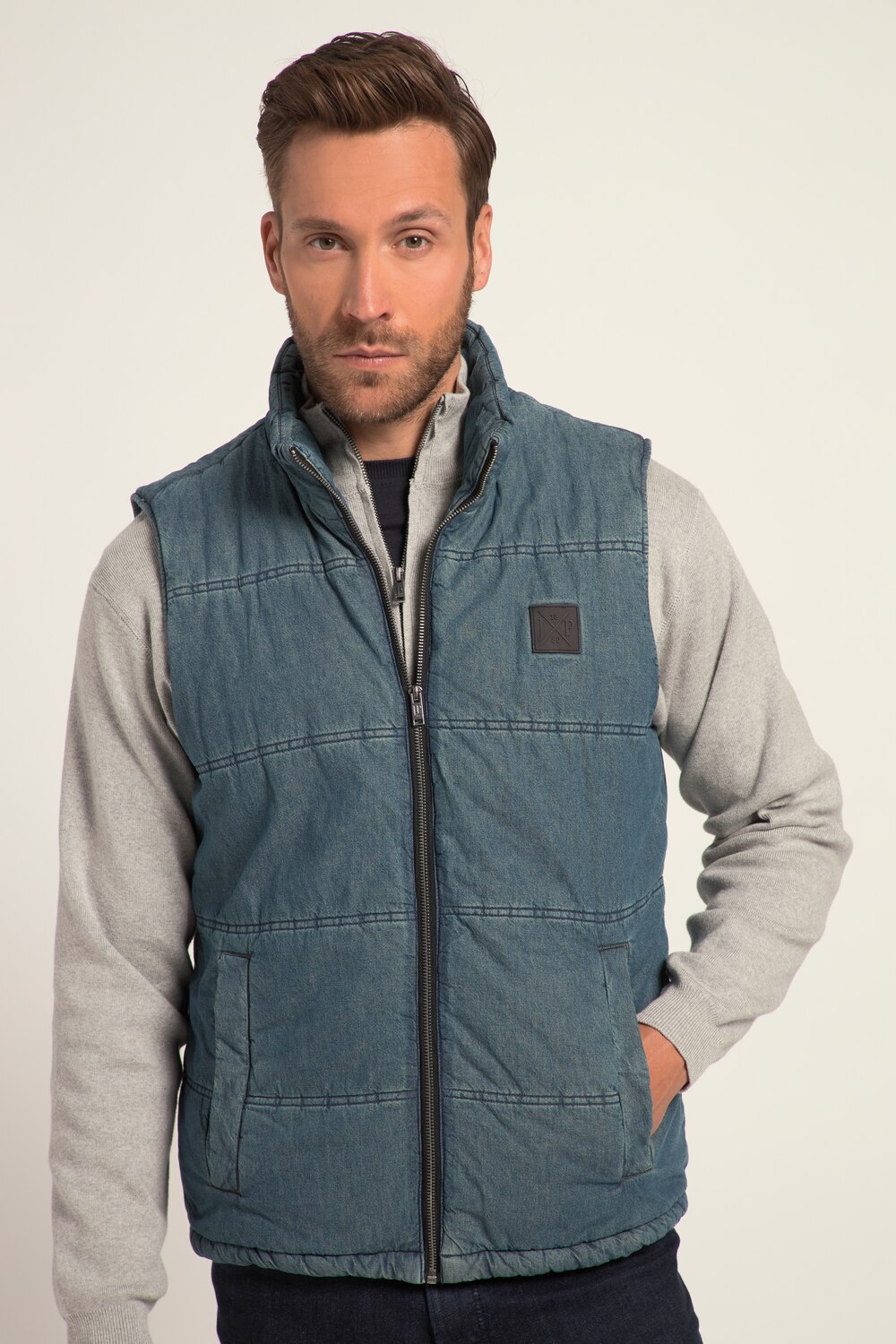 Stora storlekar Väst i denim med jeanslook, Her, blå, storlek: 4XL, Bomull/Polyester, JP1880