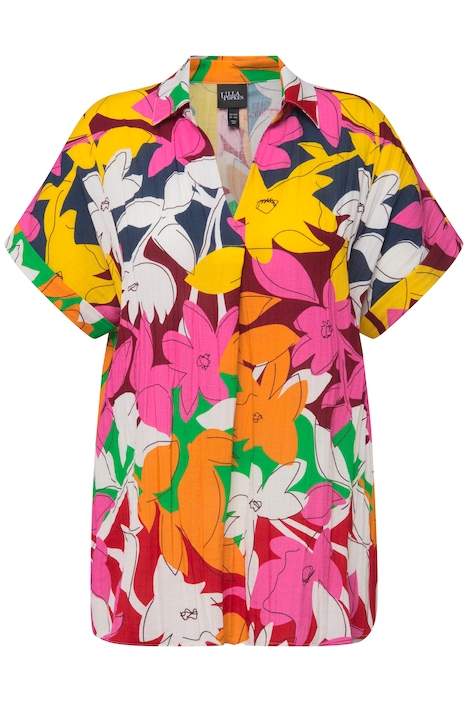 Halenka, květy, lněný vzhled, límeček, krátké rukávy