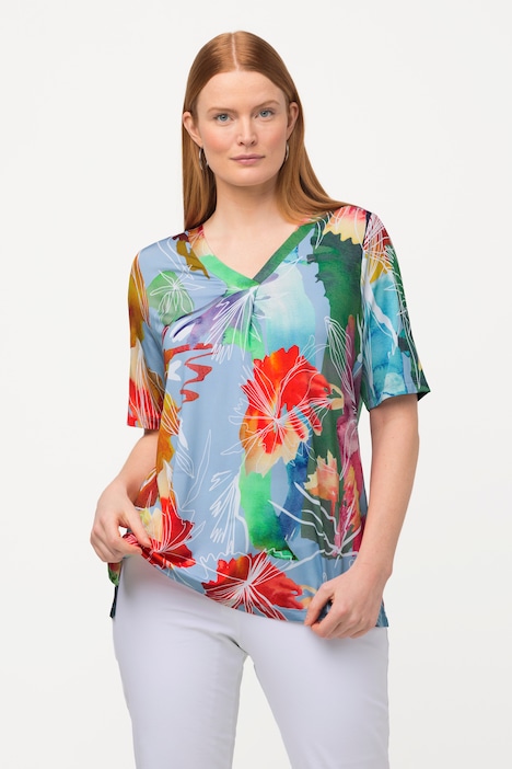 slinky shirt gebloemde print V hals korte mouwen T Shirts