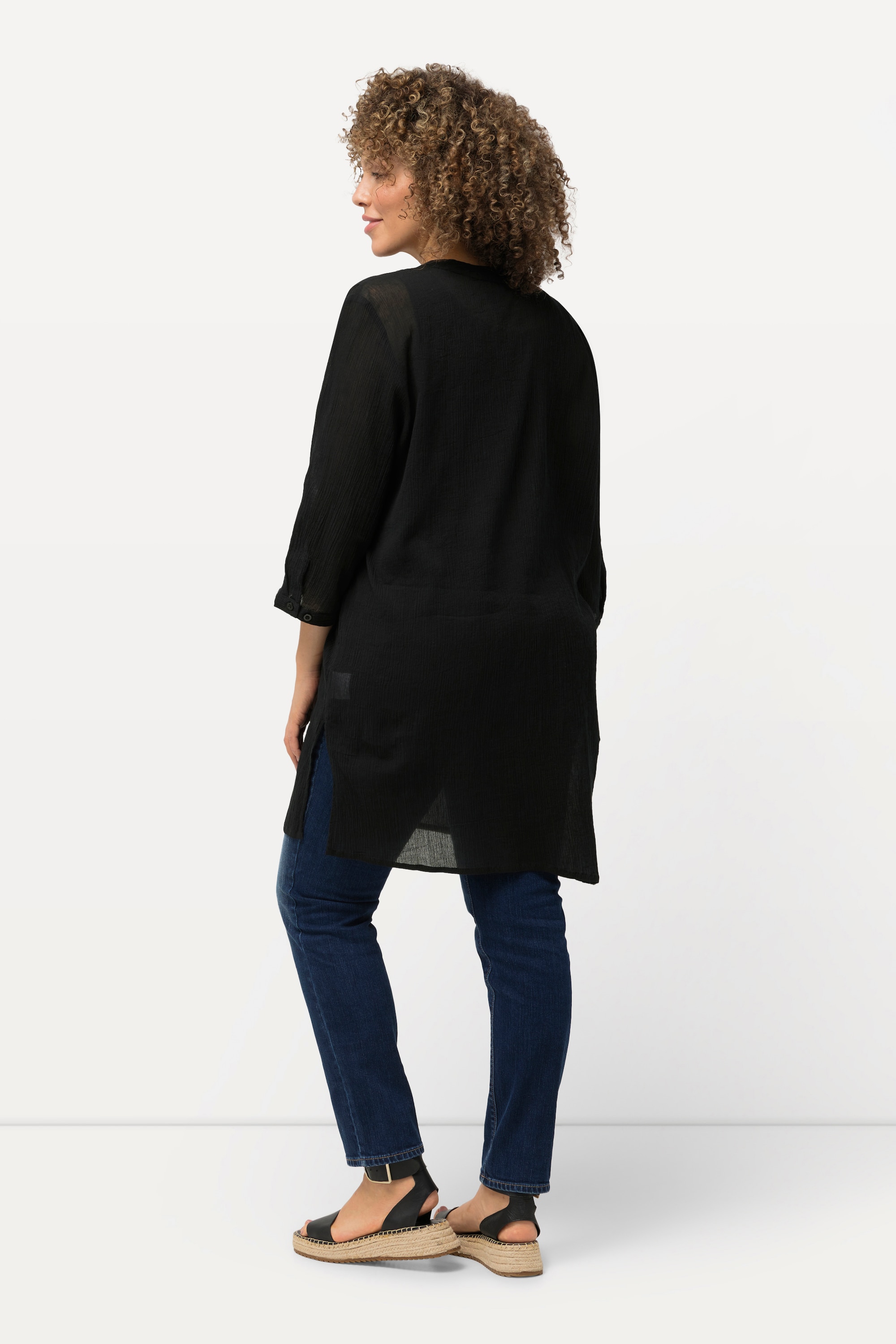 Ulla Popken Damen große Größen Longbluse Krepp Stehkragen V Ausschnitt