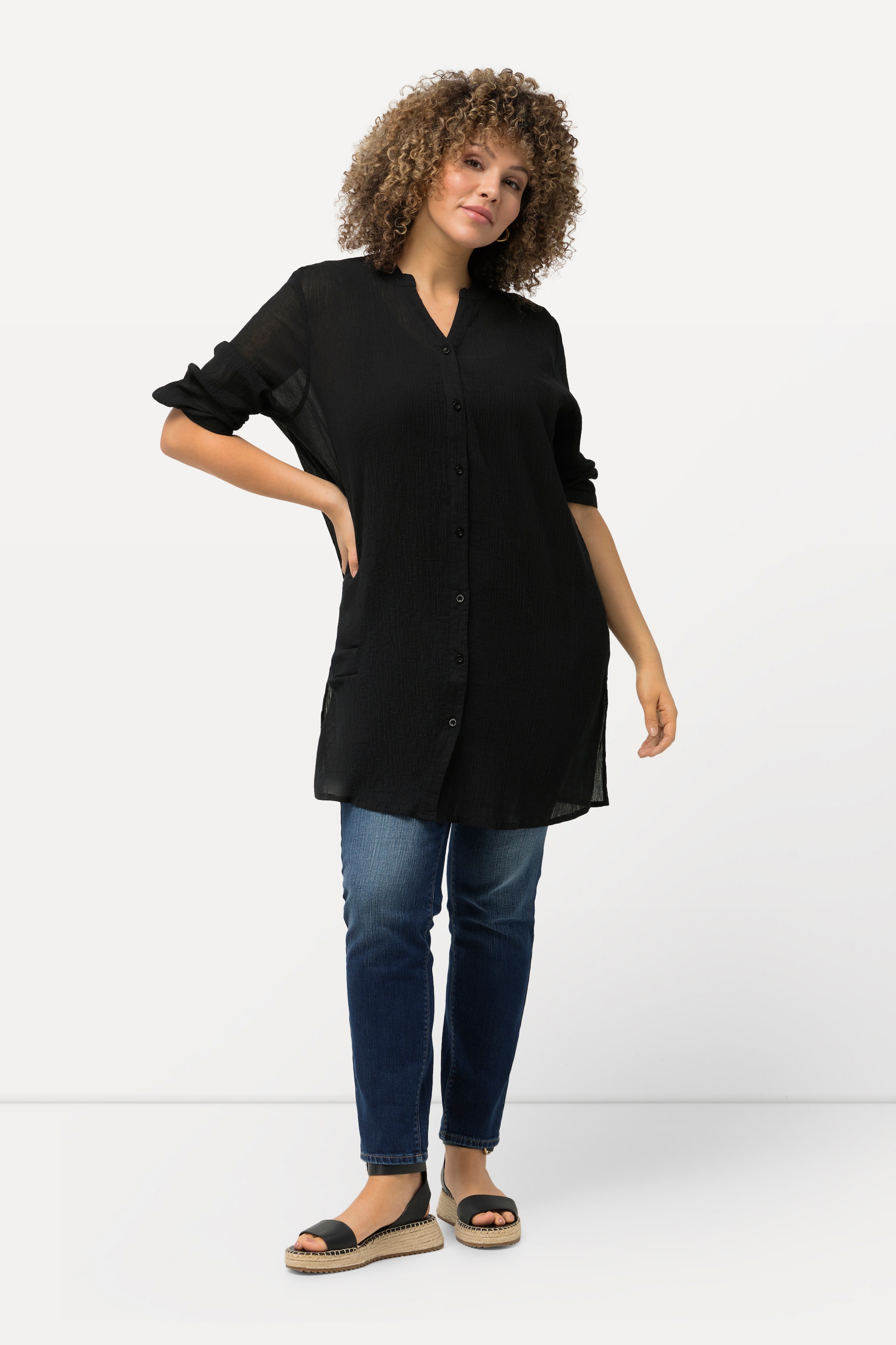 Ulla Popken Damen große Größen Longbluse Krepp Stehkragen V Ausschnitt