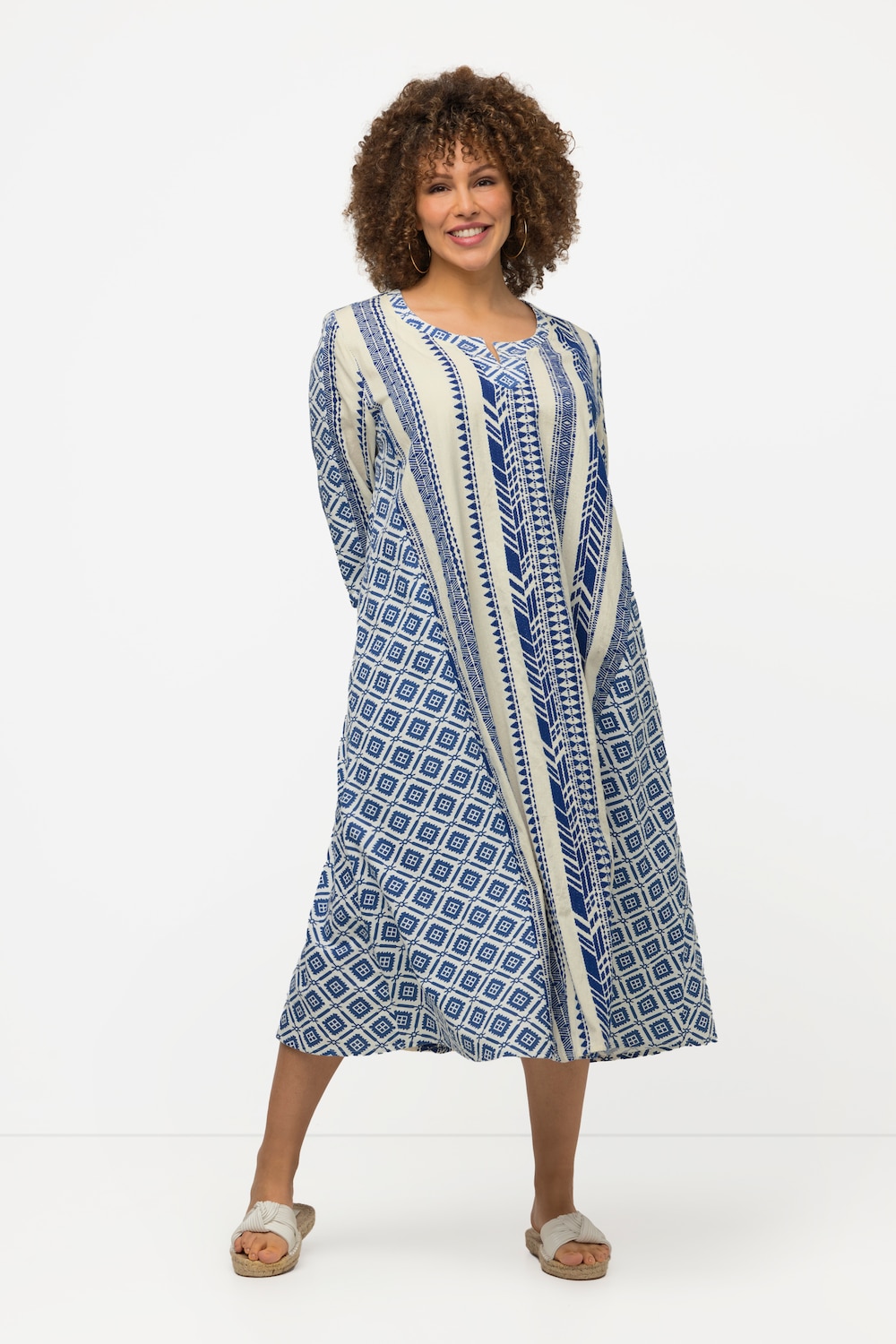 grandes tailles caftan silhouette en a. motif ethnique. col tunisien, femmes, bleu, taille: 52/54, coton, ulla popken