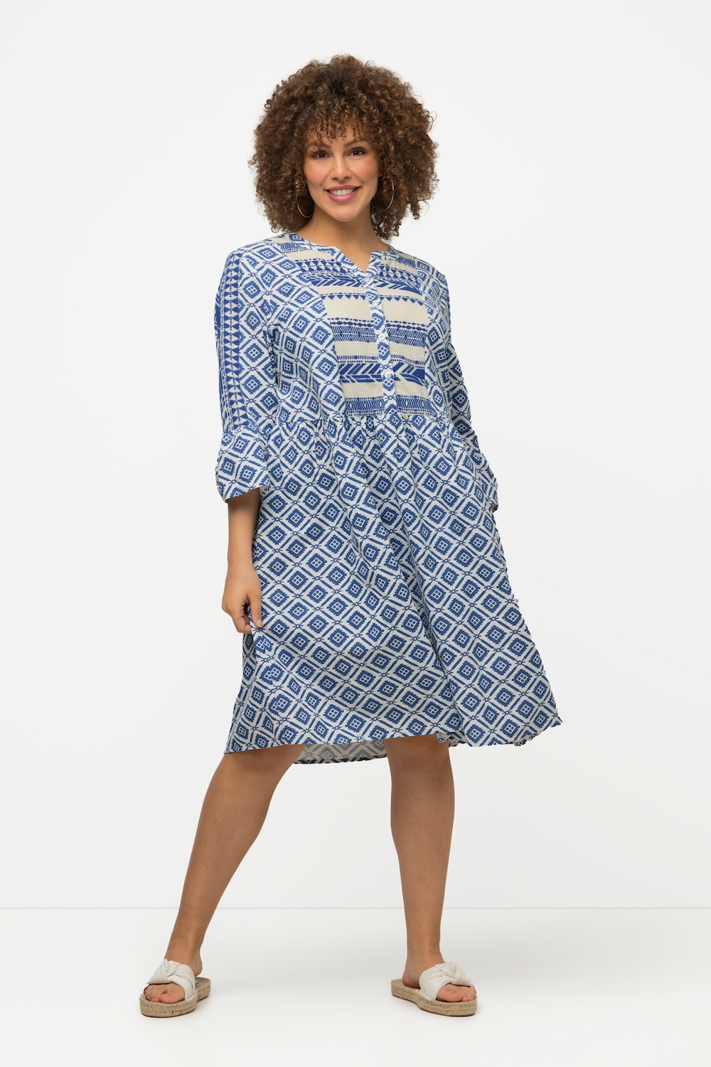 grandes tailles robe tunique. imprimé ethnique. col tunisien, femmes, bleu, taille: 48/50, coton, ulla popken