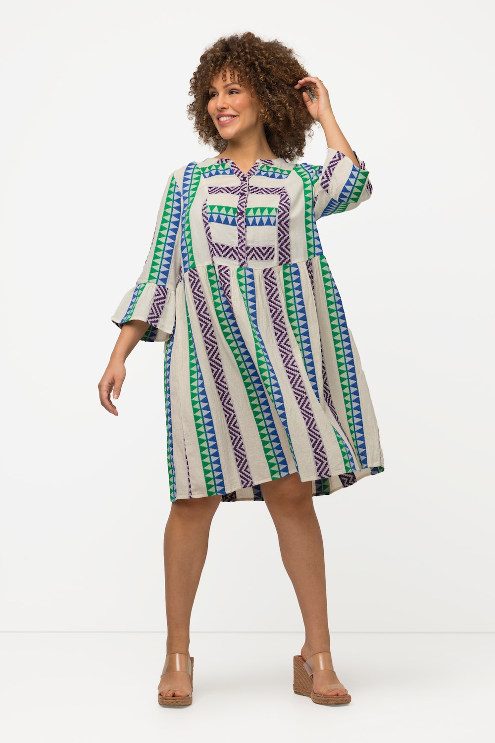 grandes tailles robe tunique. imprimé ethnique. col tunisien, femmes, gris, taille: 44/46, coton, ulla popken