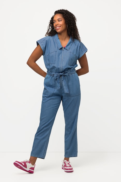 Verplicht Lil Jaar Jeans-Jumpsuit, Hemdkragen, elastische Taille, Halbarm | Jeans | Hosen