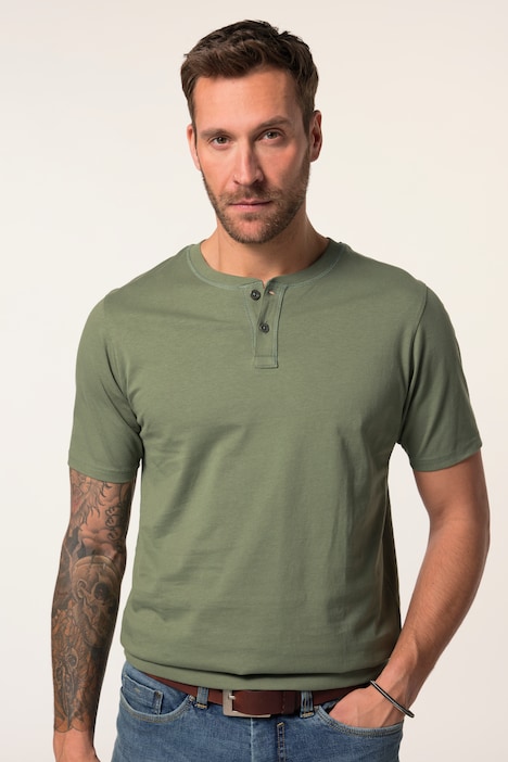 Henley, stomach fit, short sleeve, round neck, up to 8 XL