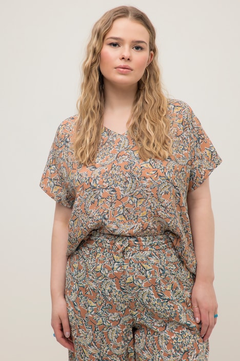 Skjortebluse, oversized, blomsterprint, V-udskæring