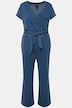 jeans jumpsuit, wijde pijpen, V-hals, korte mouwen