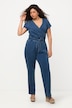 jeans jumpsuit, wijde pijpen, V-hals, korte mouwen