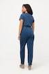 jeans jumpsuit, wijde pijpen, V-hals, korte mouwen