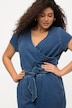 jeans jumpsuit, wijde pijpen, V-hals, korte mouwen
