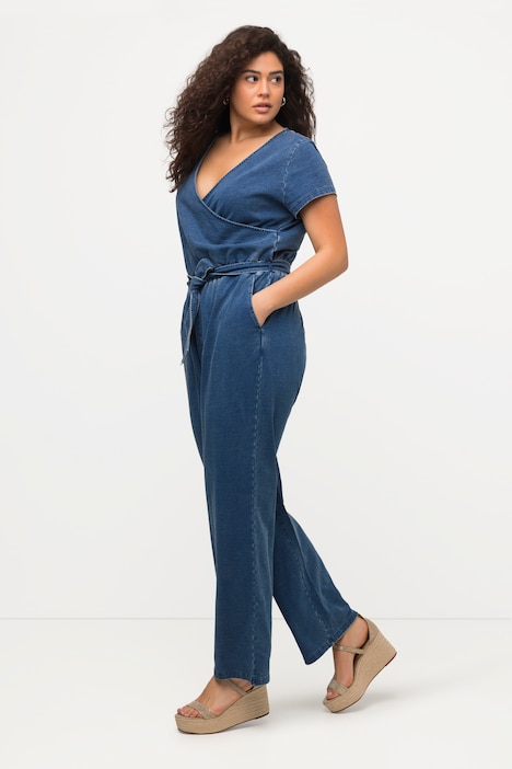 Wrap Look Short Sleeve Denim Jumpsuit | Culottes | Pants