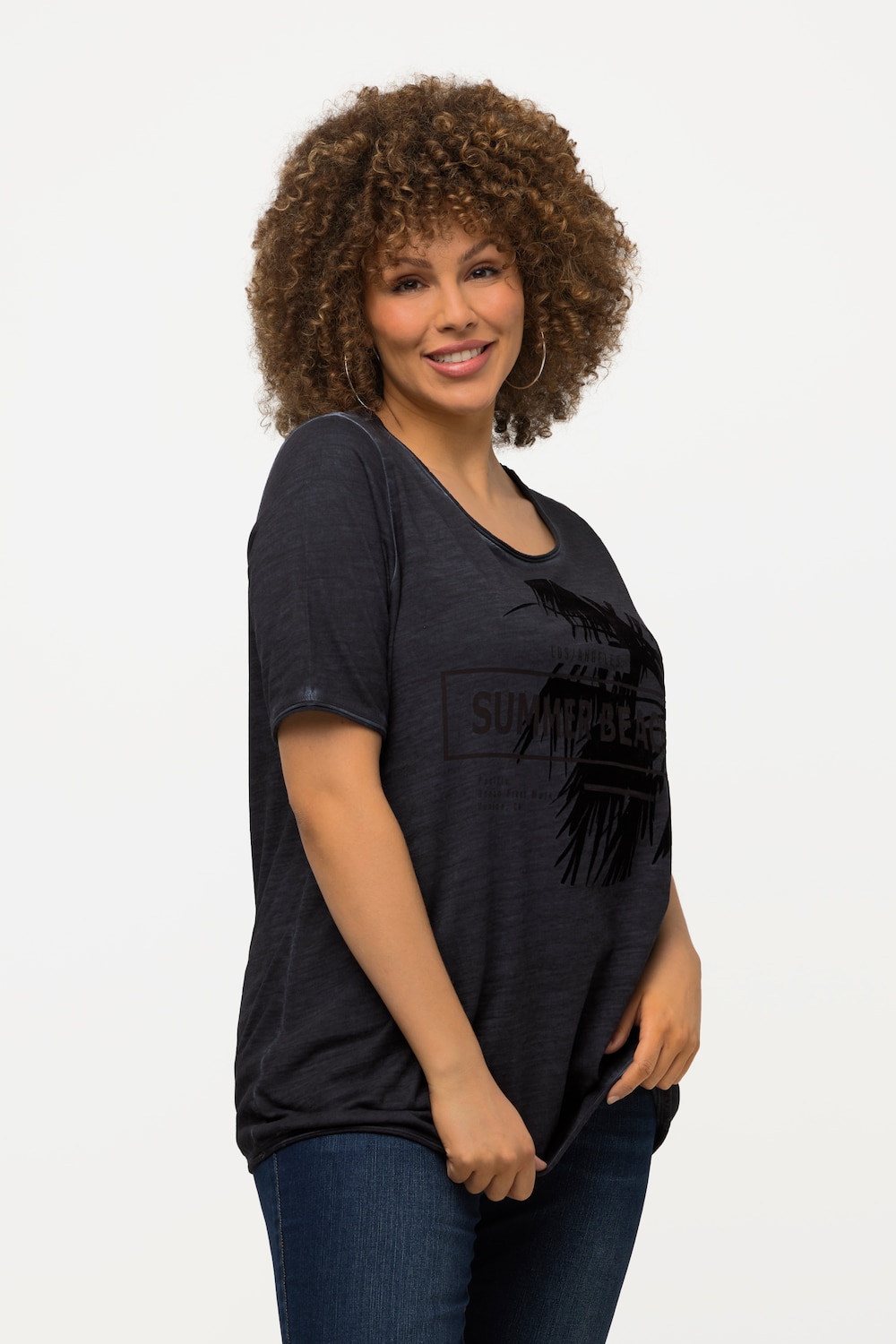 T-shirt, palmen-flockprint, ronde hals, korte mouwen