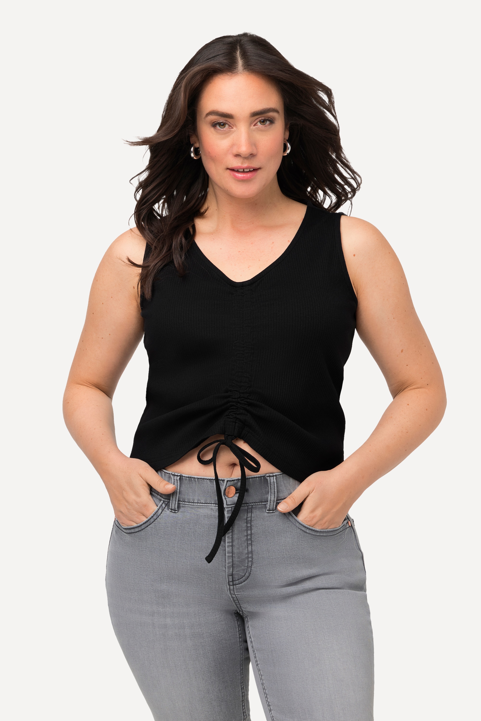 Ulla Popken Damen große Größen Top Rippjersey Slim V Ausschnitt ärmellos 818776