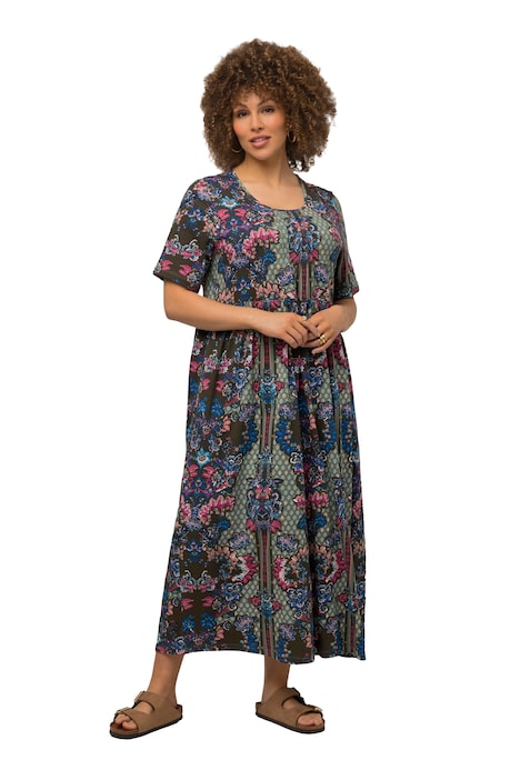 Midi šaty, květy, A střih, kulatý výstřih, krátké rukávy