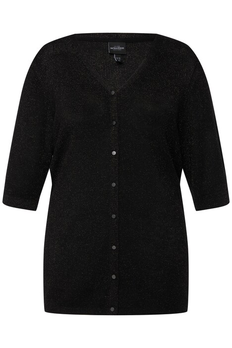 Rozepínací svetr, žebrovaný úplet, metalický lesk, výstřih do V