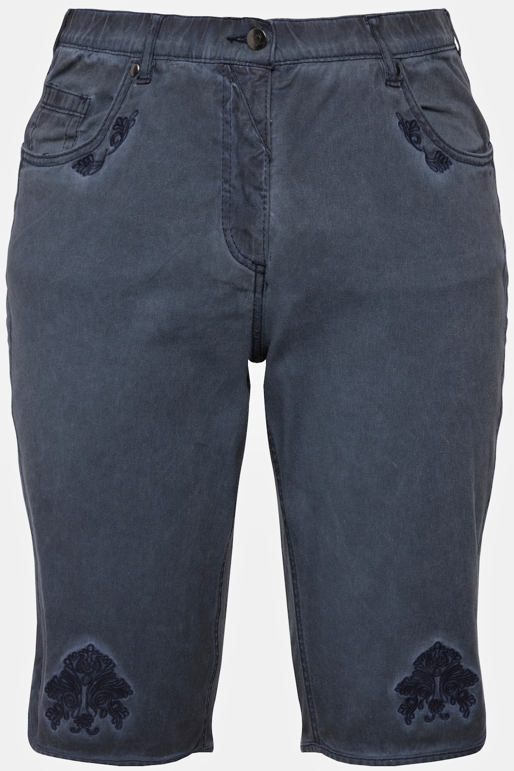 Stora storlekar Jeansbermudas Mandy i folklorestil i sliten look med brodyr, Dam, blå, storlek: 52, Bomull, Ulla Popken