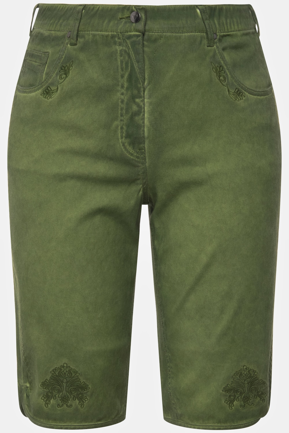 Stora storlekar Jeansbermudas Mandy i folklorestil i sliten look med brodyr, Dam, grön, storlek: 52, Bomull, Ulla Popken