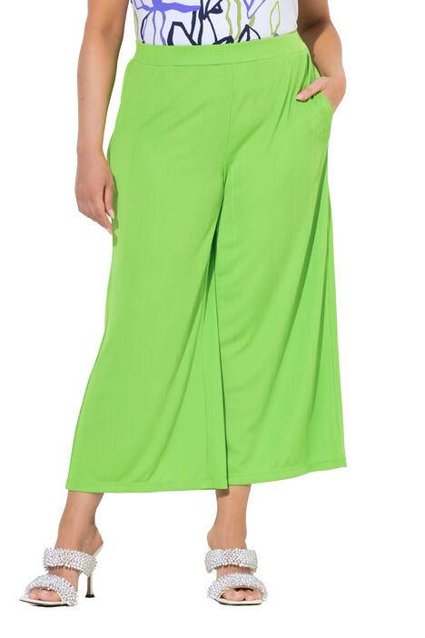 Široké kalhoty, struktura, délka k lýtkům, rovné nohavice, elastický pas