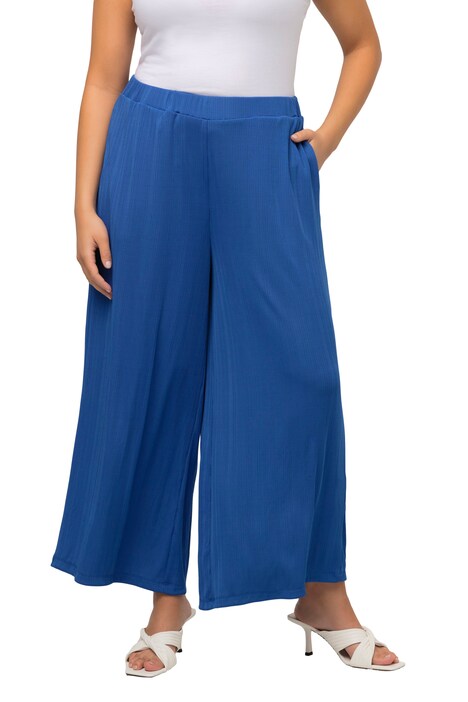 Široké kalhoty, struktura, délka k lýtkům, rovné nohavice, elastický pas