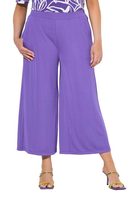 Široké kalhoty, struktura, délka k lýtkům, rovné nohavice, elastický pas