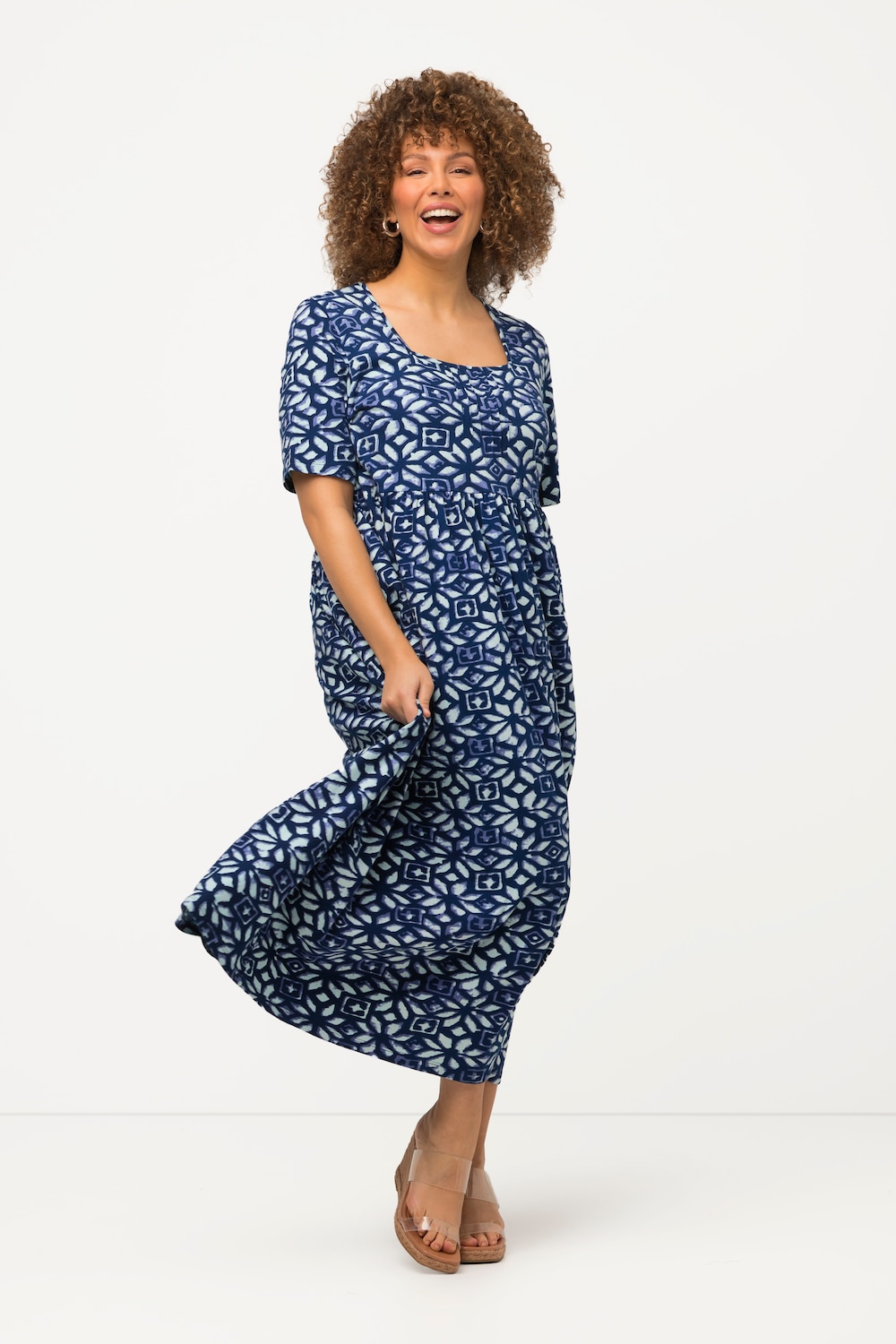 Grote Maten midi jurk, Dames, blauw, Maat: 46/48, Katoen, Ulla Popken