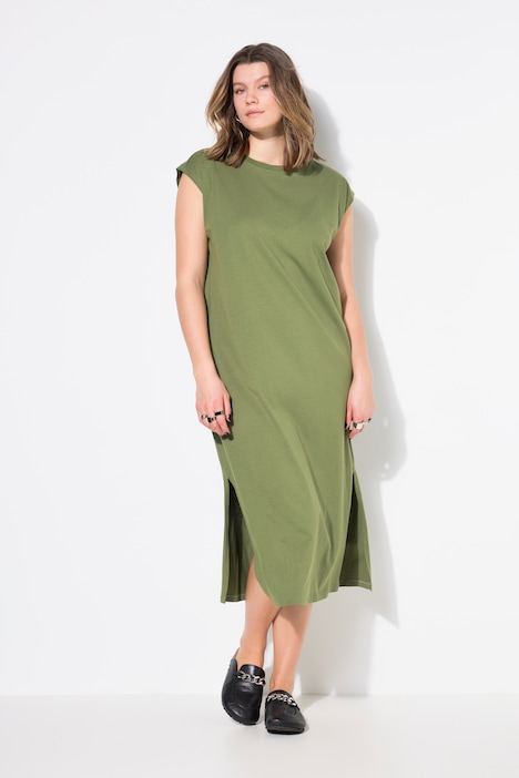 Robe midi en jersey oversized à encolure ronde et sans manches. Ouverture de type fente sur le côté