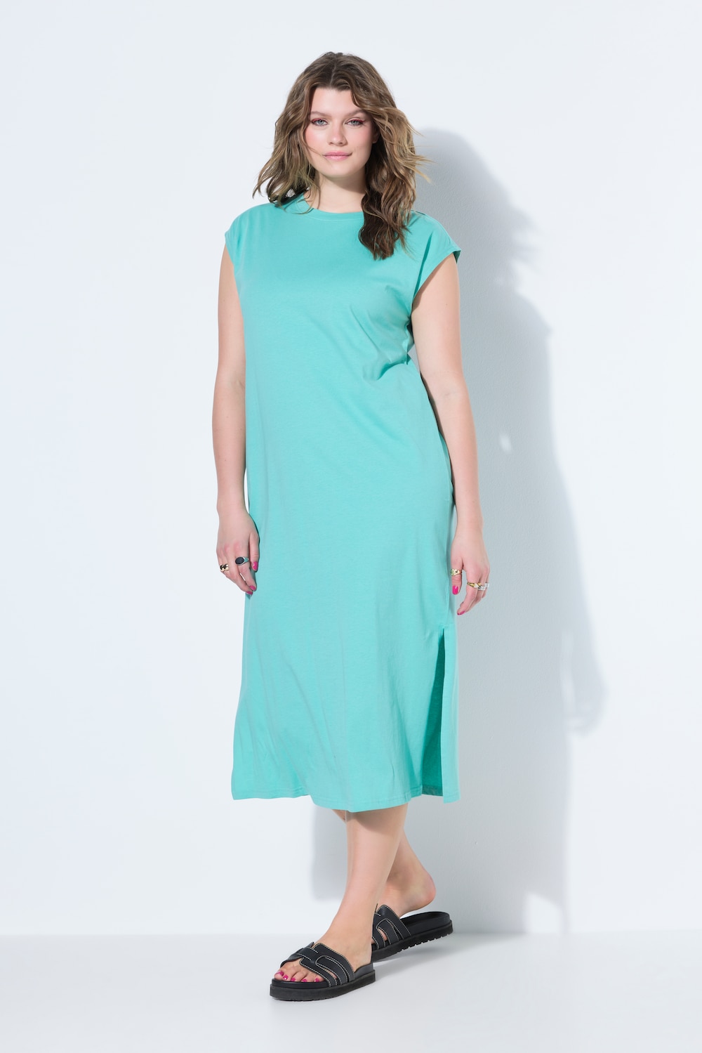 Jersey-midikjole, oversized, rund hals, ermeløs, sidesplitter